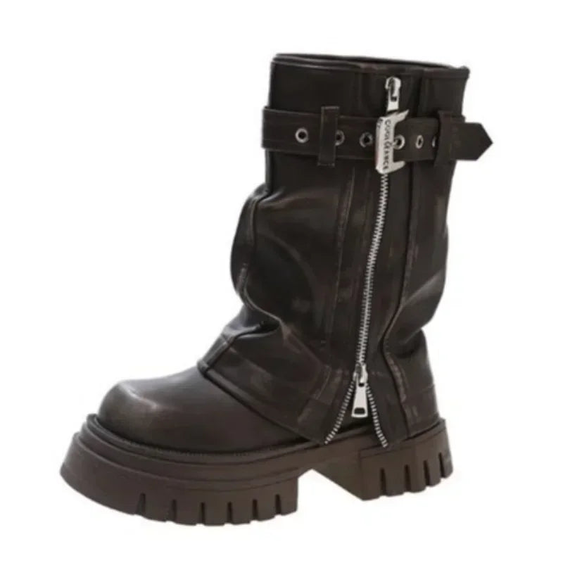 Women's Biker Boots — Belt-Buckle Platform Ankle Booties with Plush Winter Lining — view 4 of boots