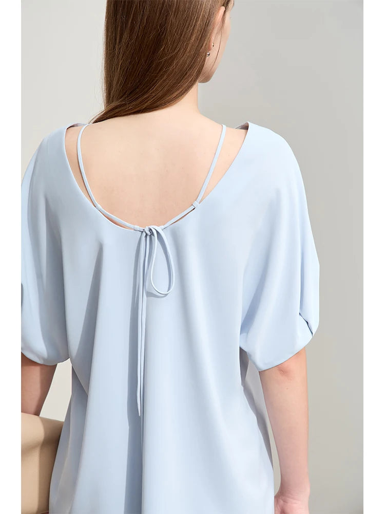 AMII Minimalism Women’s Loose Silk V-Neck Blouse – Drop Sleeve Casual Chiffon Top for Summer 2025