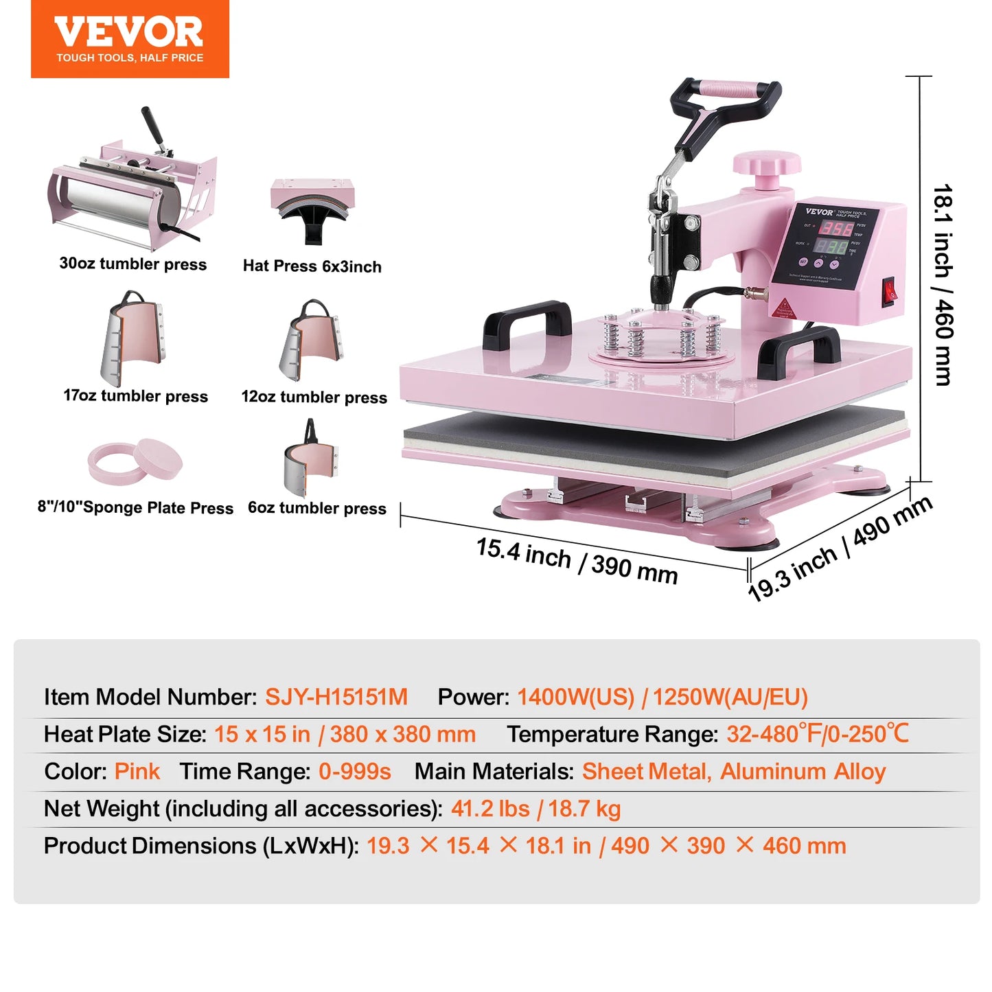 SucceBuy Heat Press Machine 12x15 inch  8 in 1 Heat Transfer Machine 360° Swing Away T-Shirt for T-Shirts/Mugs/Hats/Plates Pink