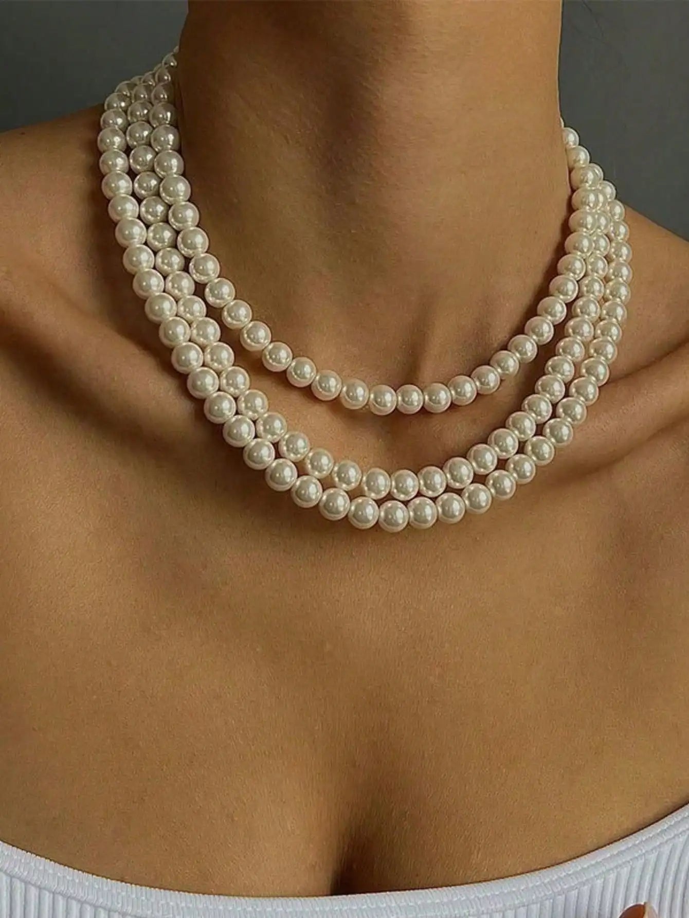 Pearl 3-Strand Layered Necklace — Silver-Tone Clasp Faux Pearl Statement for Women — view 5 of necklaces
