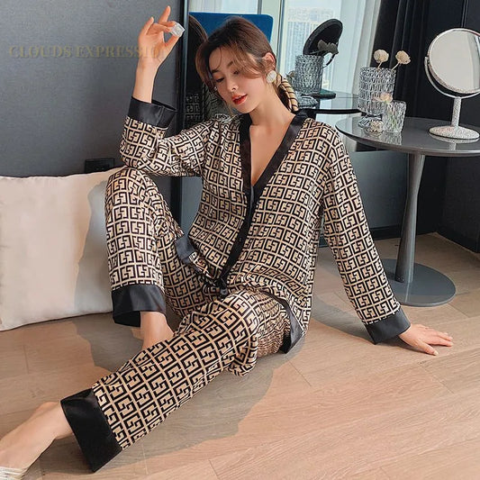 Spring Summer Ladies Faux Silk Polyester Pajama Sets Sexy Homewear Women's Casual Luxury Pajamas