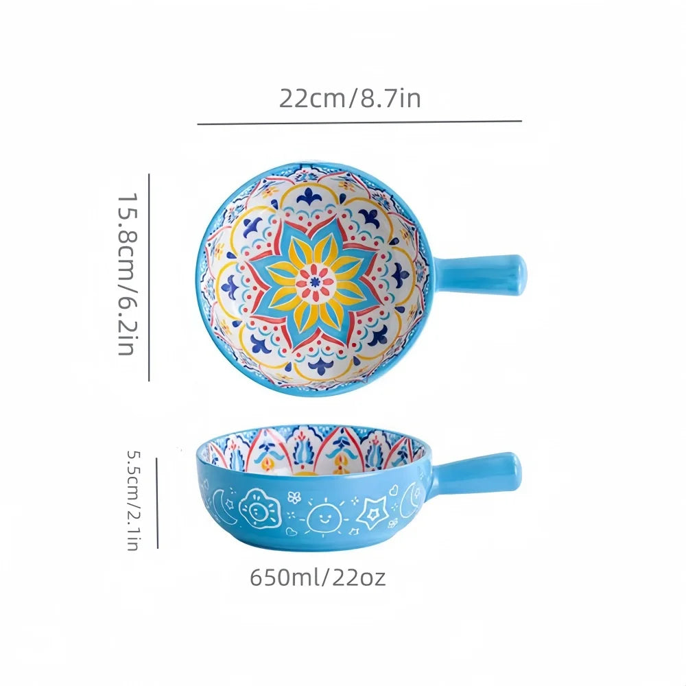 Bohemian Hand-Painted Ceramic Salad Bowl — Embossed Patterned Bakeware with Handle — view 10 of dining & tableware