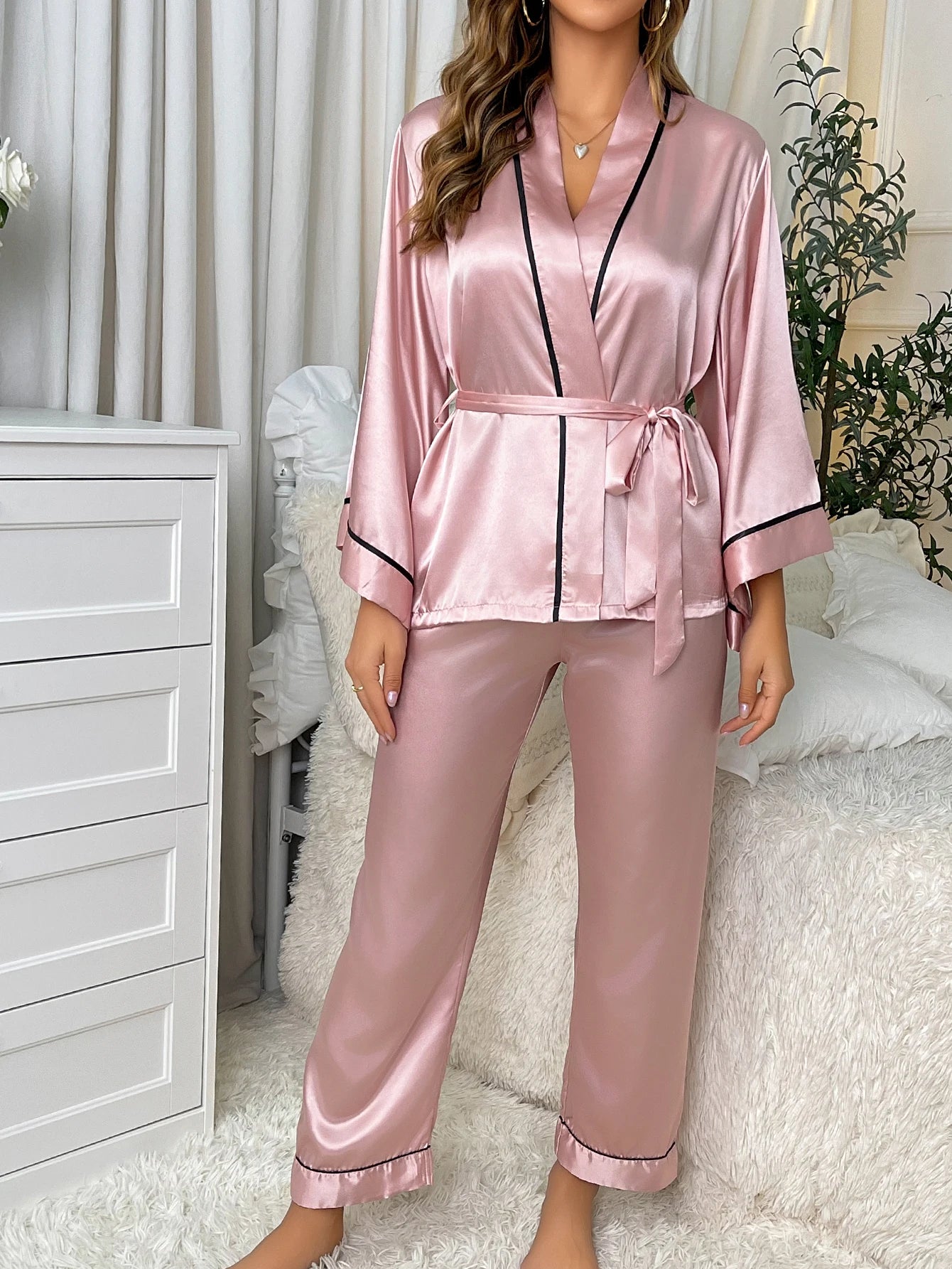 Simple Satin Pajama Set Long Sleeve Robe With Belt V Neck Elegant Loungewear Women's Sleepwear