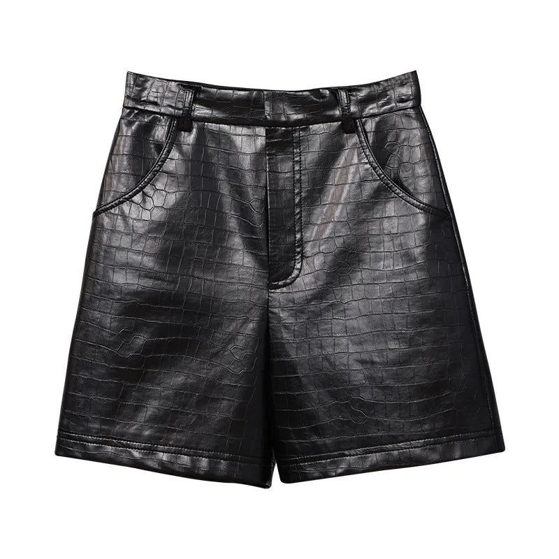 Julypalette Real Sheepskin Shorts 2023 Fashion Alligator Pattern Women Black High Waist Pocket Wide Leg Genuine Leather Shorts