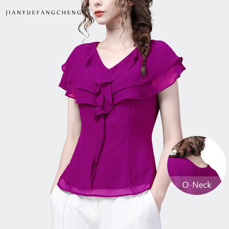 2024 Summer Women Short Sleeve V-neck Ruffle Chiffon Tops Elegant Slim French Style Female Purple Casual Office Blouses