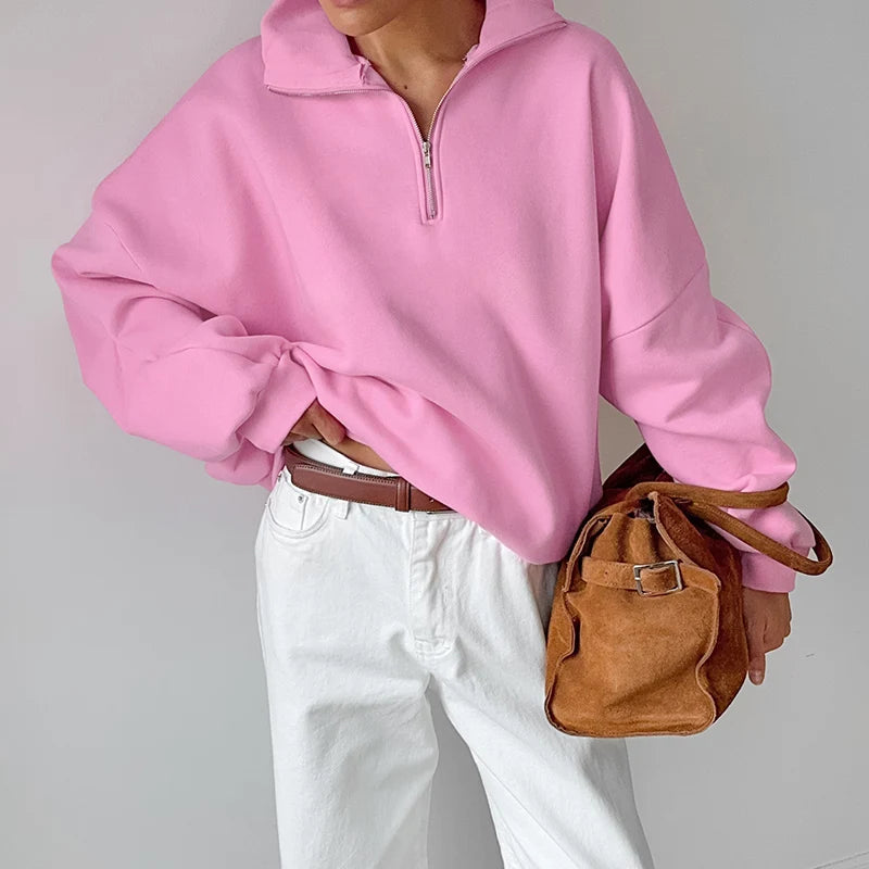 MSCSZ Pink Oversized Sweatshirt Women Stand Collar Zip Up Hoodie Y2K Streetwear Loose Casual Pullover Outerwear