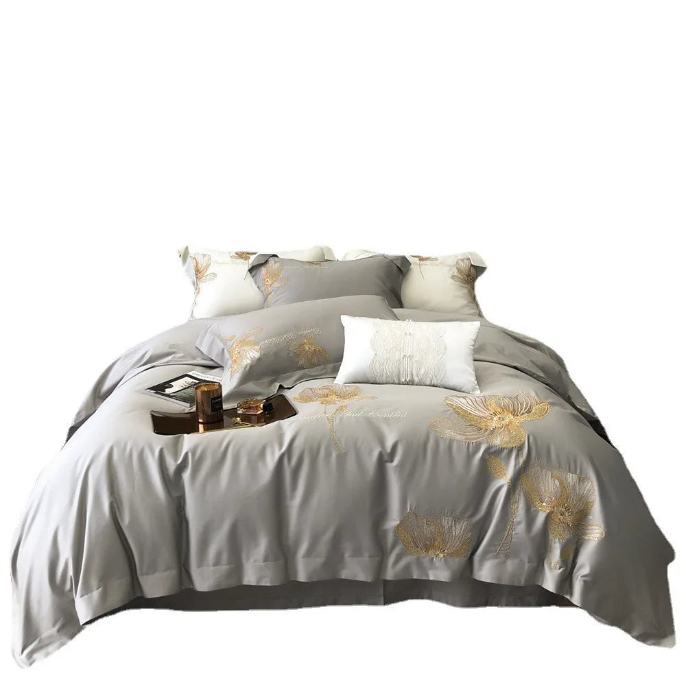 Luxury Embroidered Cotton Bedding Set – Double Duvet Cover, Flat Bed Sheet & Pillowcases