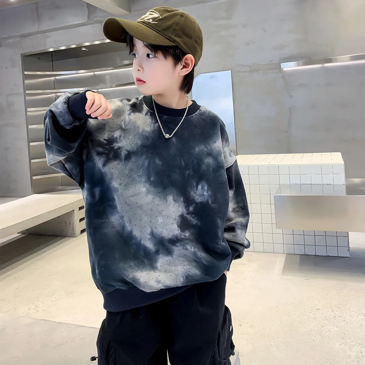 New 2024 Kids Camouflage Tie-Dye Sweatshirt For Boy Korean Style Autumn Clothing Fashion Kids Long-Sleeve Tops For Teenage 5-14T