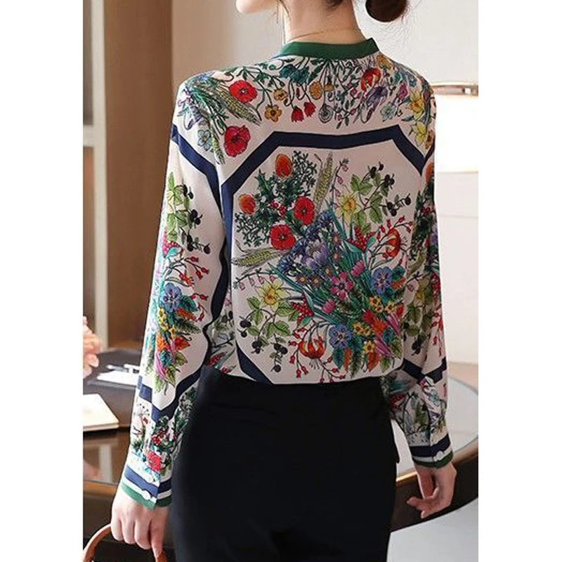 Women's Vintage Floral Print Stand Collar Button Shirt Spring Autumn Fashion Elegant Chiffon Blouse Long Sleeve Slim Tops Blusas