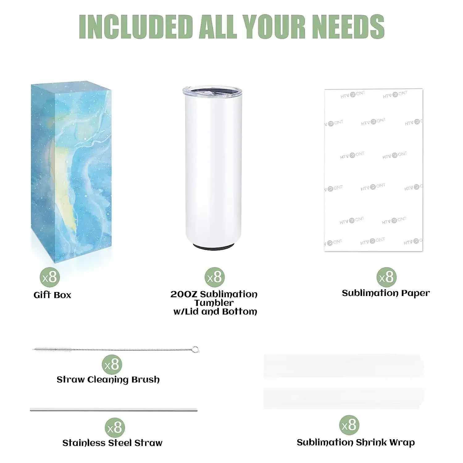 Sublimation Tumbler Blanks 8-Pack — 20oz Skinny Straight Stainless Cups — view 9 of drinkware