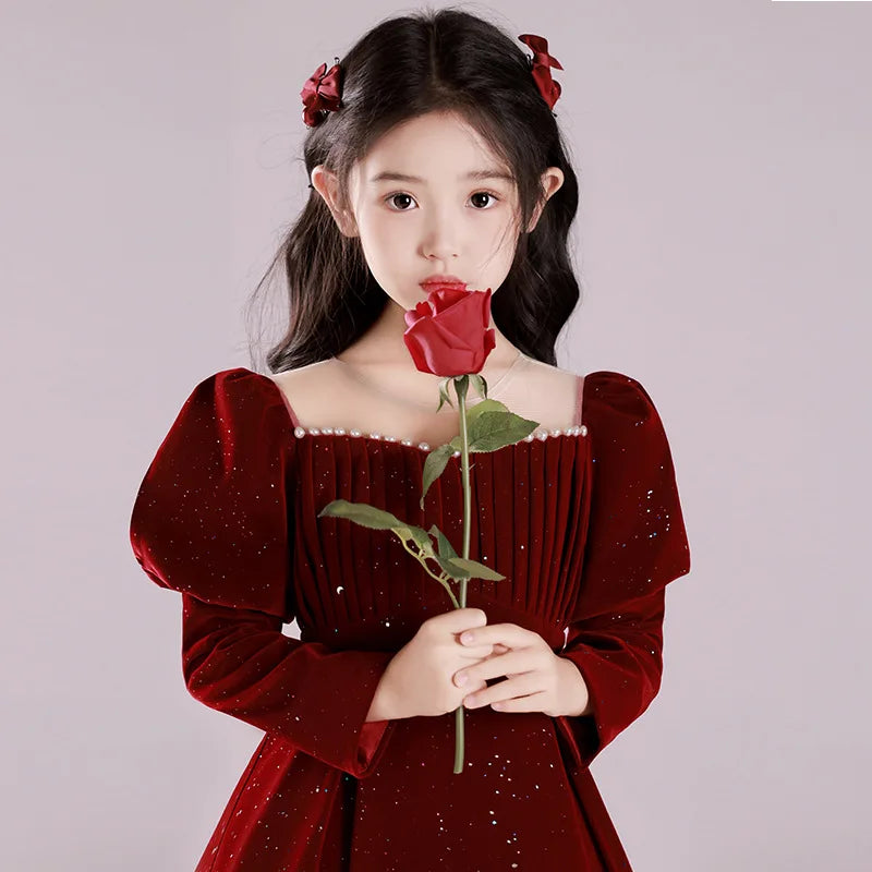 Teenmiro Hostess Costume for Children Girls Chinese New Year's Party Dress Infants Red Sequins Beading Ball Gown Teens Partywear