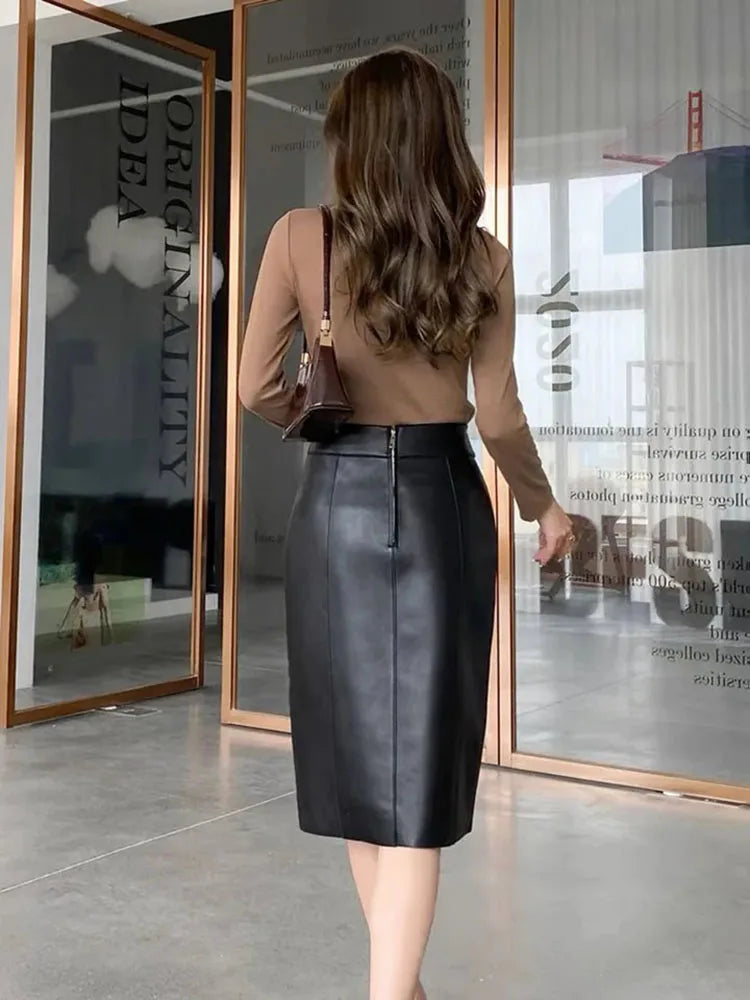 Korean Fashion Genuine Leather Skirts Womens 2024 New Office Ladies Pencil Midi Skirt High Waist