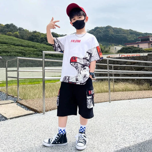 5-16T Boys Streetwear Summer Clothing Set 2023 New Fashion O-neck Print Patchwork 2 Pieces Teenager Clothes Children Outfits