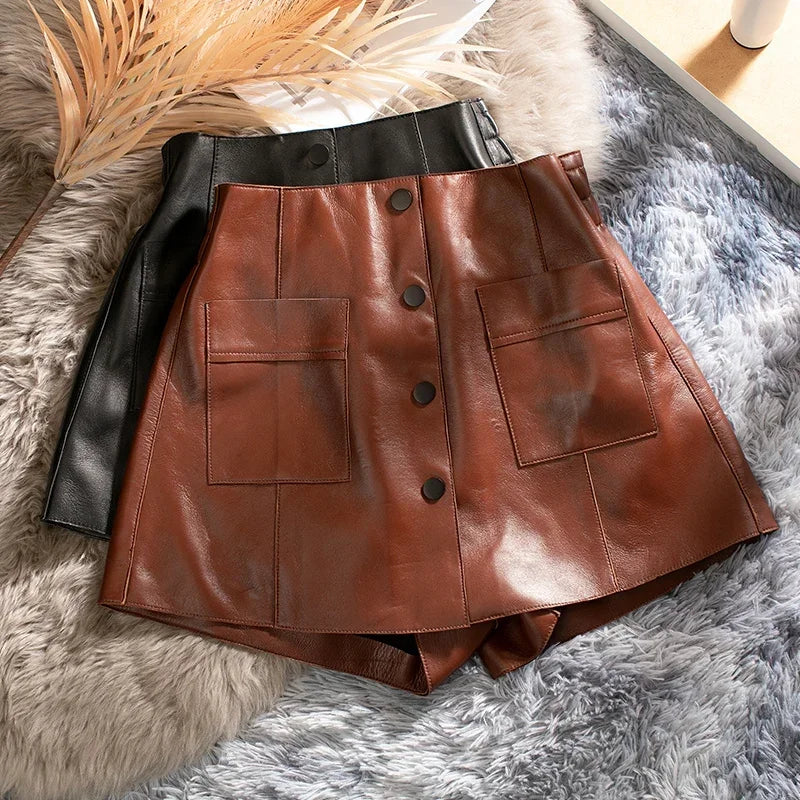 Genuine Leather Shorts Women 2024 Real Sheepskin Short Pants for Women High Waist Shorts Women Leopard Print Flare Short Femmes