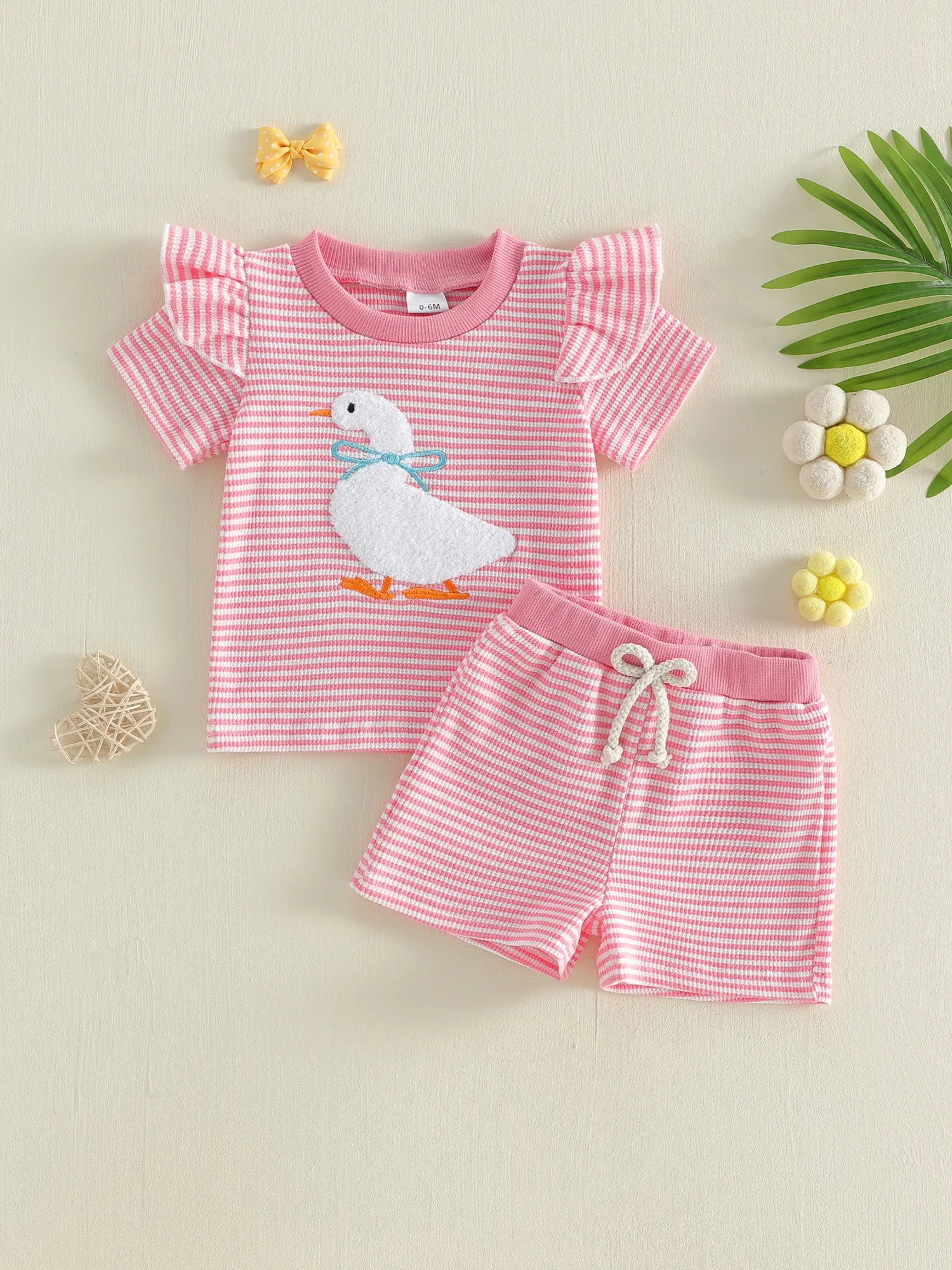 Infant Girl Embroidered Goose Top & Bow Shorts Set - Vintage Smocked Outfit — view 1 of infant sets