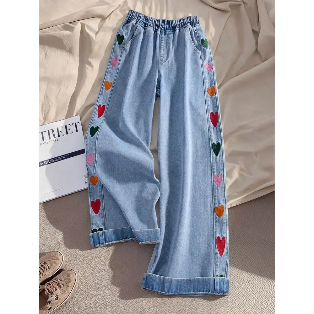 Heart Embroidered Wide-Leg Jeans — Elastic-Waist Slant-Pocket Casual Denim — front view
