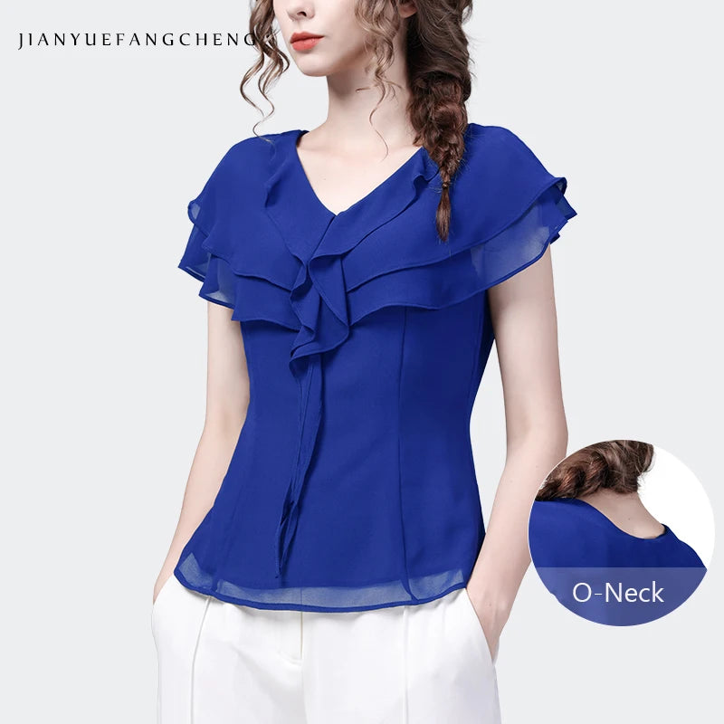 2024 Summer Women Short Sleeve V-neck Ruffle Chiffon Tops Elegant Slim French Style Female Purple Casual Office Blouses