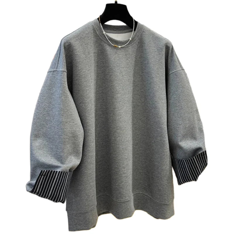 Autumn and Winter Women's Pullover Round Neck Hoodie Lazy Style Splicing Design Fake Two Piece Loose Long Sleeve Tops