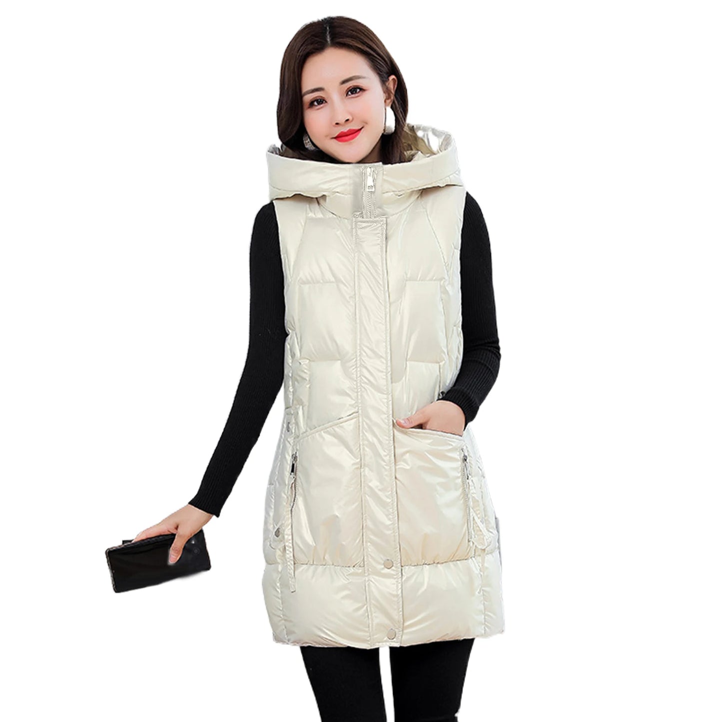 Women Vest Padded Cotton Down Autumn Winter Elegant Thick Warm Long Vest for Daily Wear