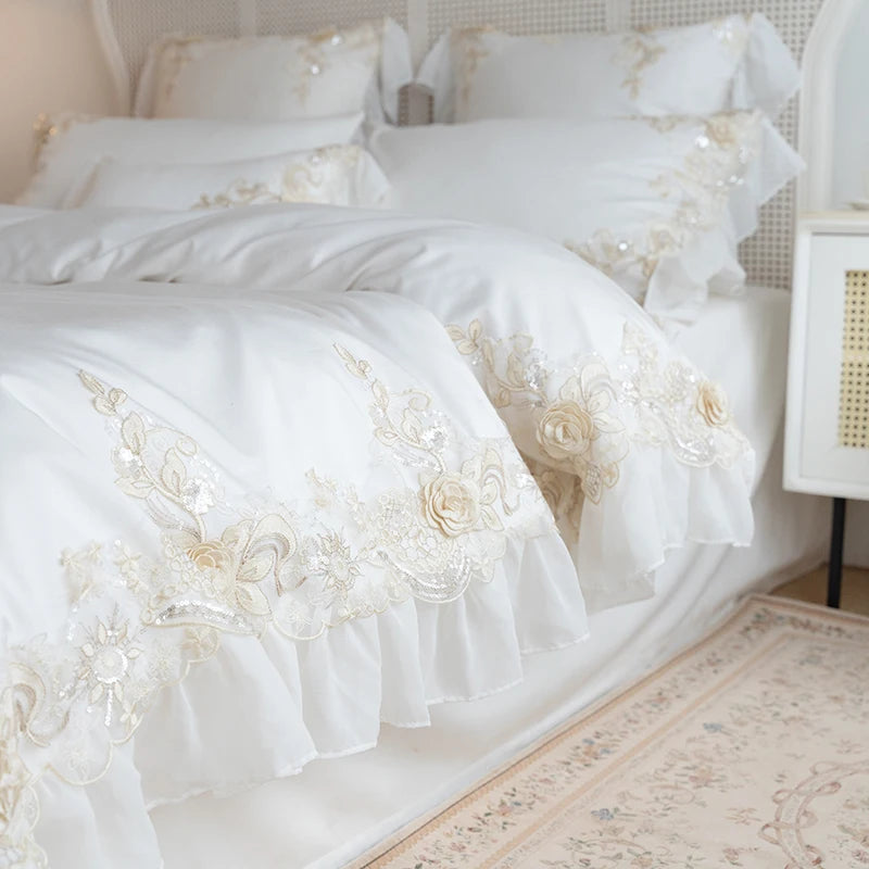 White Lace Embroidery Bedding Set – Korean Princess Wedding Bedclothes, Cotton Duvet Cover & Bed Sheet