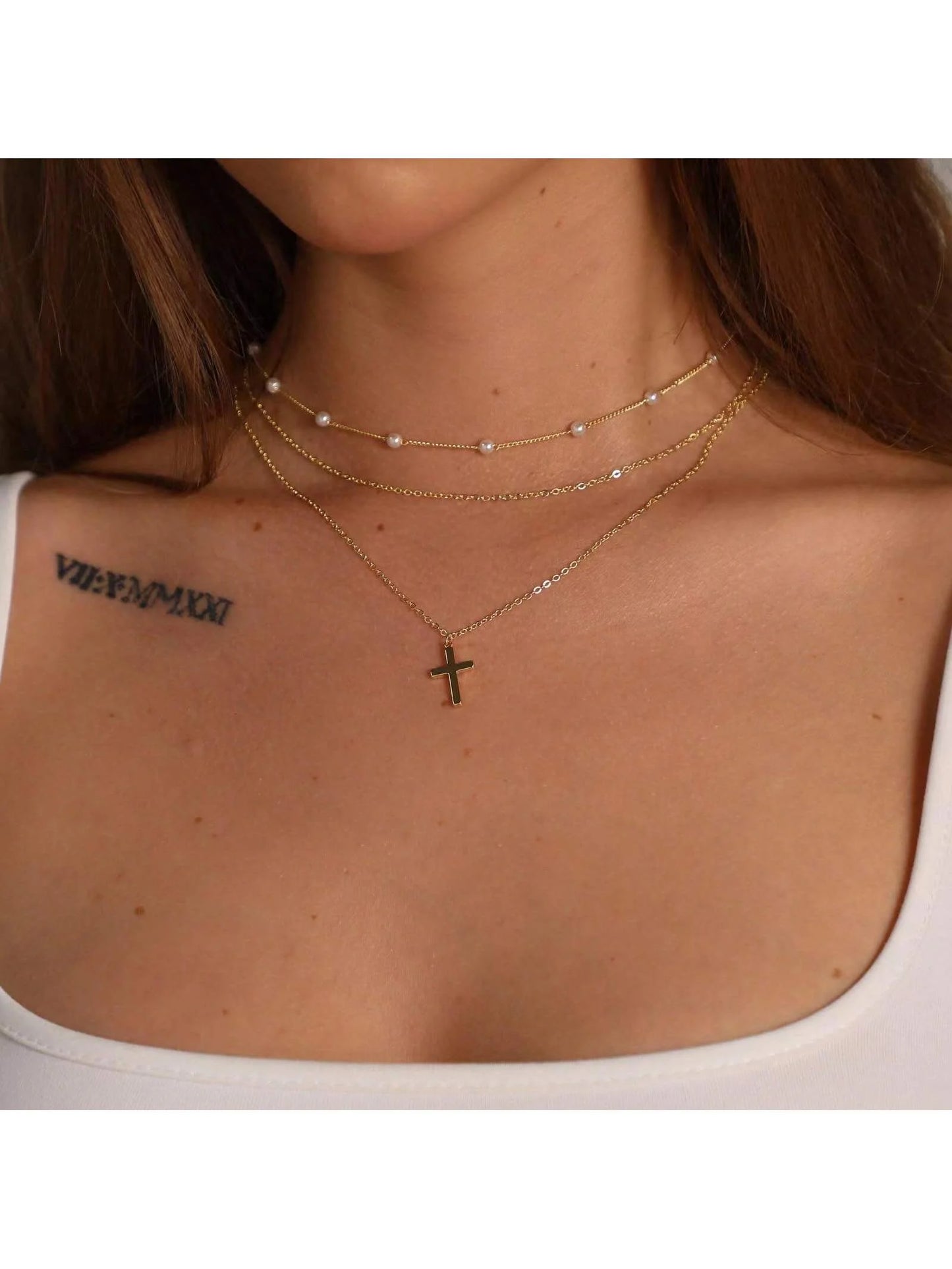Pearl Heart Multi-Layer Choker — Retro Versatile Stackable Pendant Necklace — view 2 of necklaces