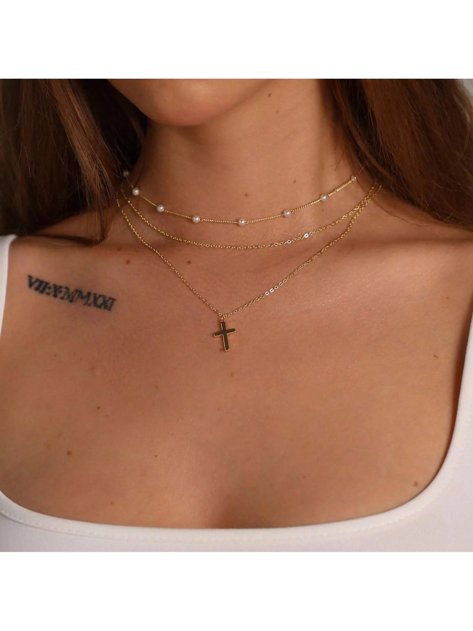 Pearl Heart Multi-Layer Choker — Retro Versatile Stackable Pendant Necklace — view 2 of necklaces