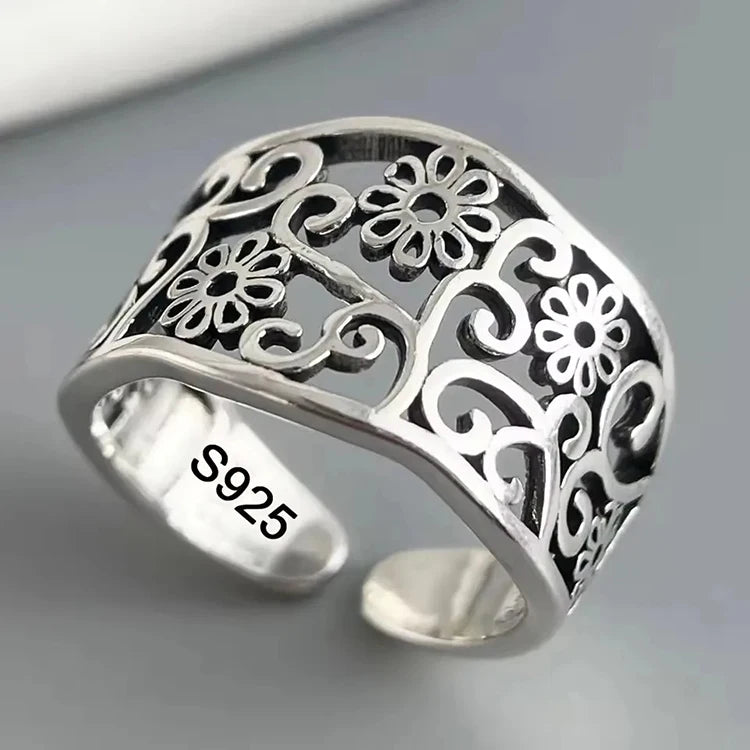 VENTFILLE Women's 925 Sterling Silver Flower Ring — Hollow Retro Fine Jewelry Gift — view 16 of jewelry