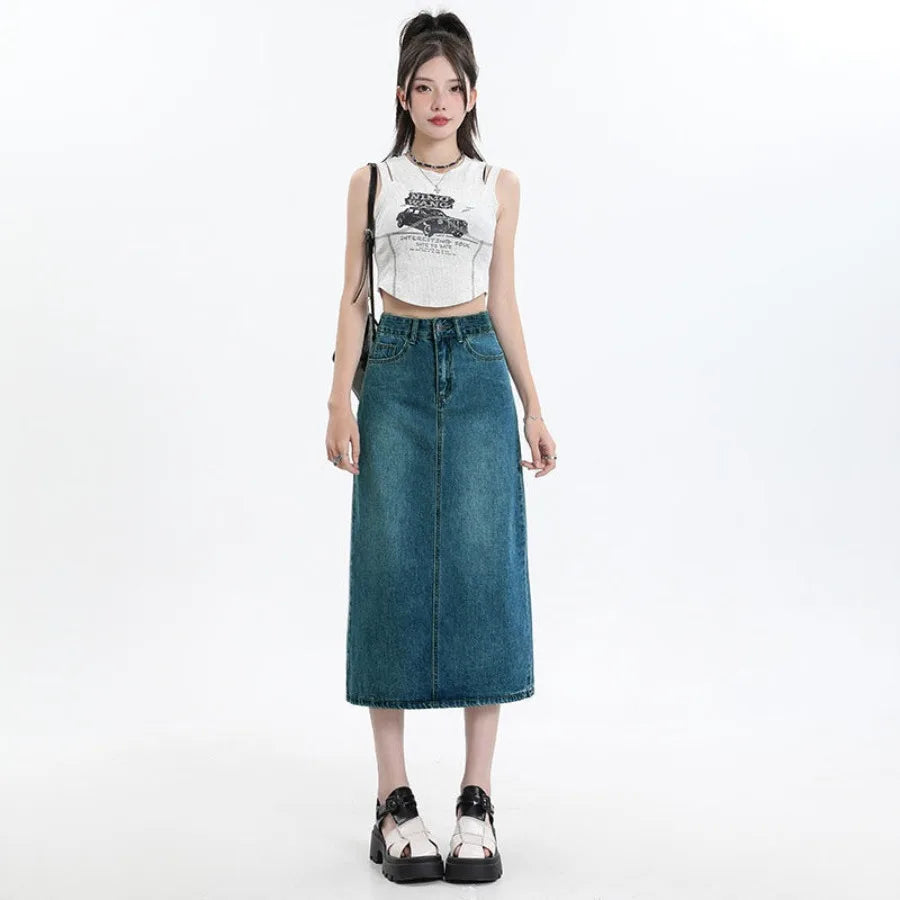 【HOT】New small size medium-length bags covering the flesh covering the -forked retro blue denim bust skirt for women — view 5 of product