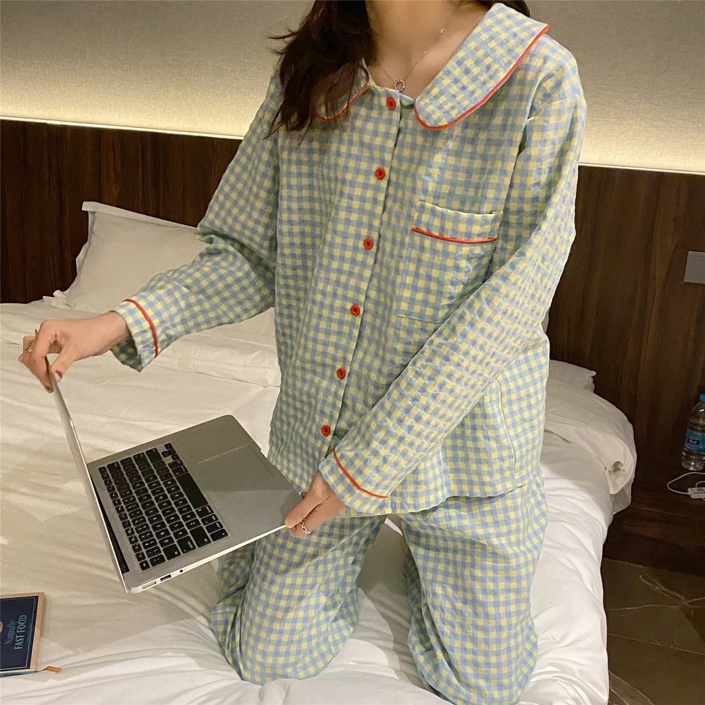 Women's Pajamas New Autumn Spring Long Sleeve Soft Sleepwear Set Grid cartoon pyjama Woman Home