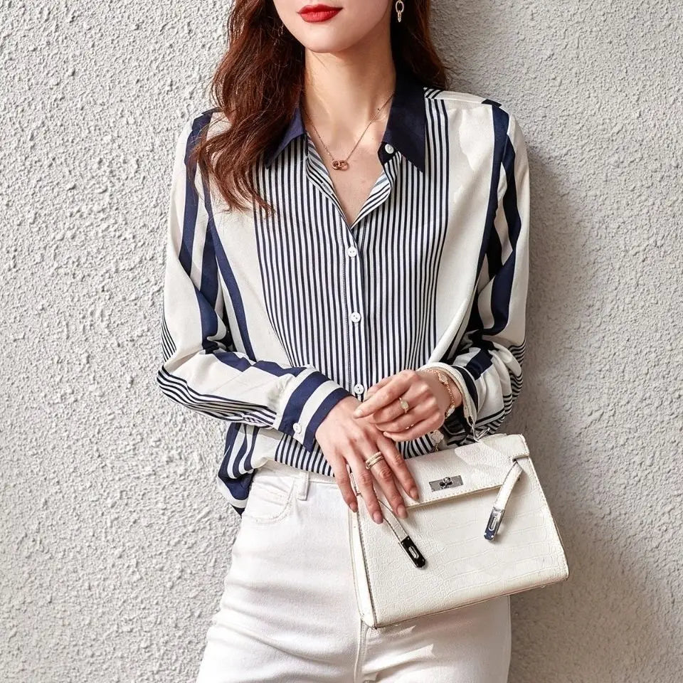 Striped Color Blocked Long Sleeved Chiffon Shirt for Women's Spring Autumn New Commuting Temperament Loose Versatile Shirt Top