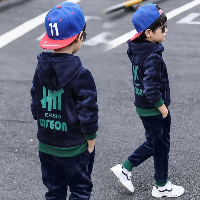 Children Clothing Set Double-sided Velvet Fashion Letter Hooded 2PCS Hoodies Coat +Pants Kids Boys Tracksuit for Autumn Winter