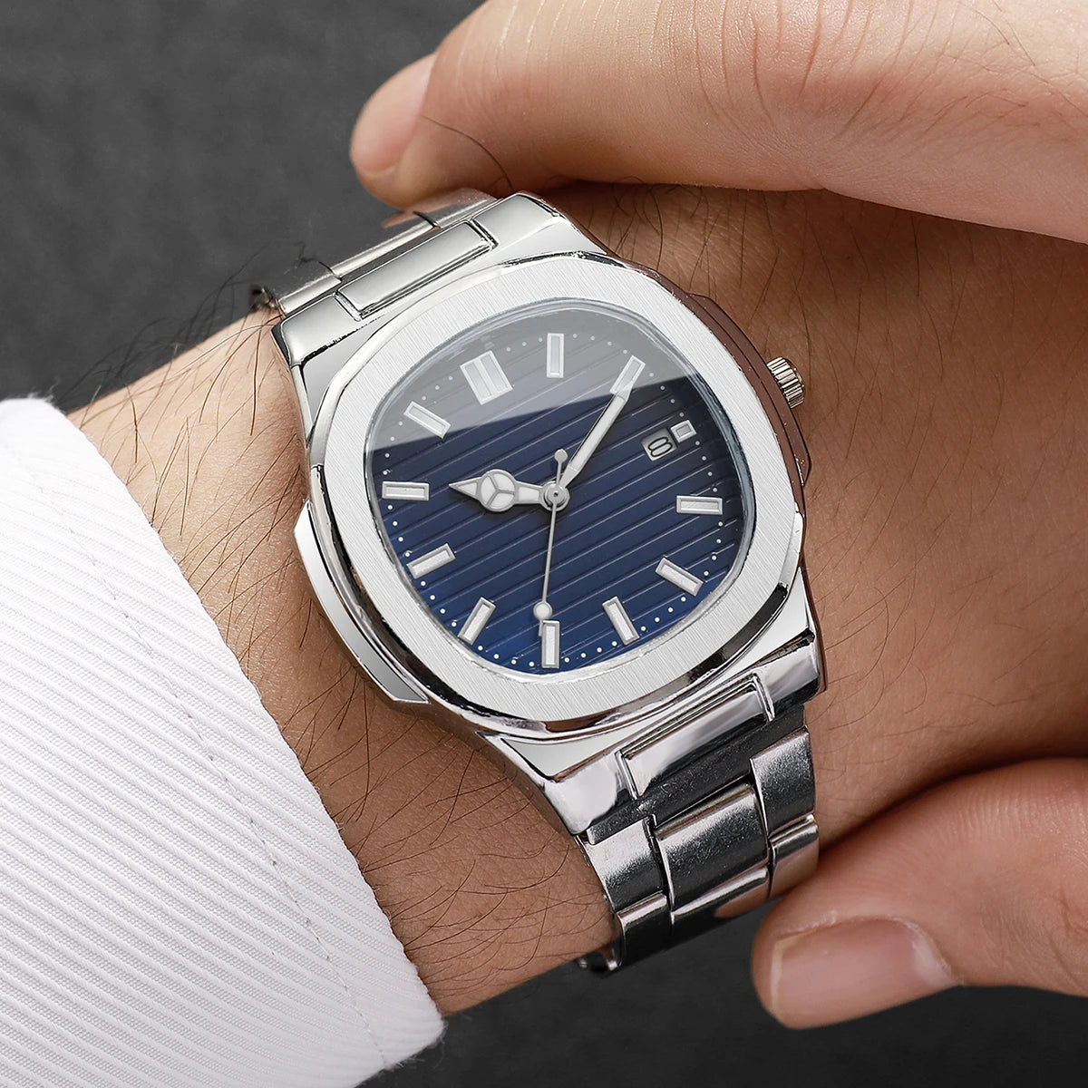 Men's Business Square Dial Watch — Stainless Steel Quartz Calendar Wristwatch — view 3 of watches