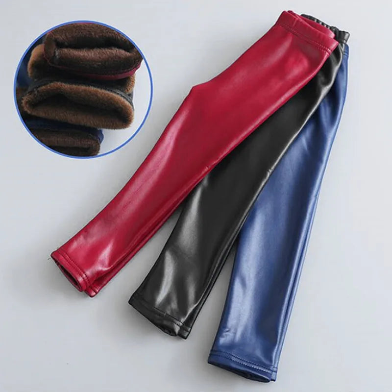 Toddler Girls Fleece Leather Pant for 4-11 Years Old Kids Tight Leggings Winter Warm