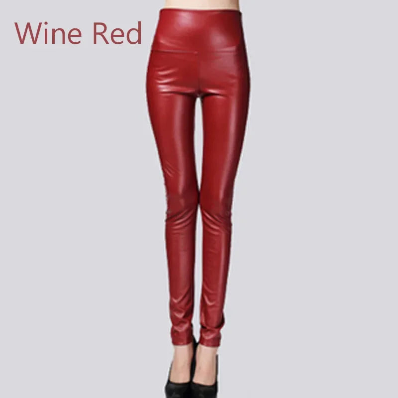 Women’s Y2K Faux Leather Pencil Pants – Elastic Stretch Velvet-Lined Trousers for Autumn