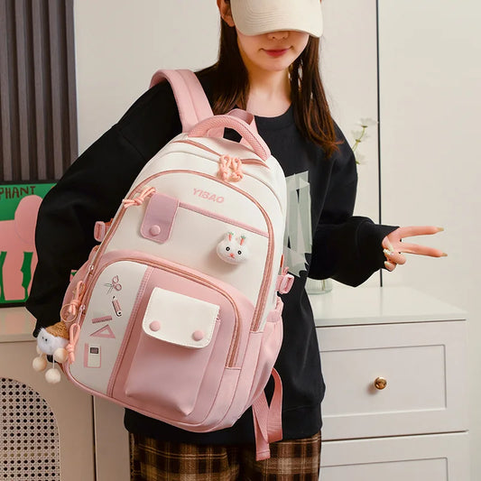 Cute rabbit children school backpack for teenage girls Fashionable splicing color contrast fresh lady knapsack kids schoolbags