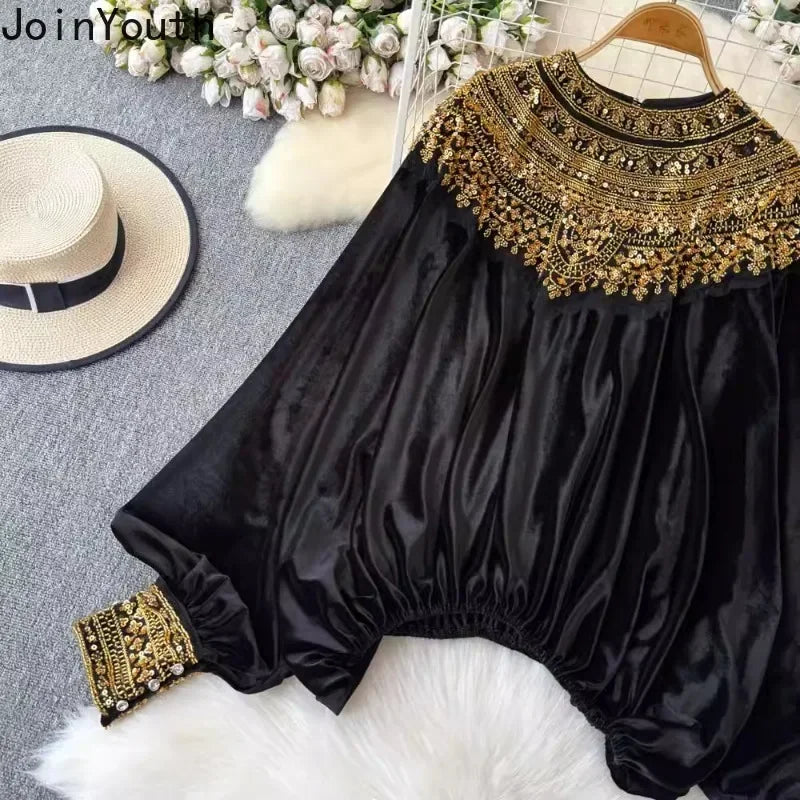 Vintage Blouses Women's Clothing Sequin Velvet Shirts 2024 Blusas De Mujer Temperament Lady Tops Loose Fashion Korean Blouse