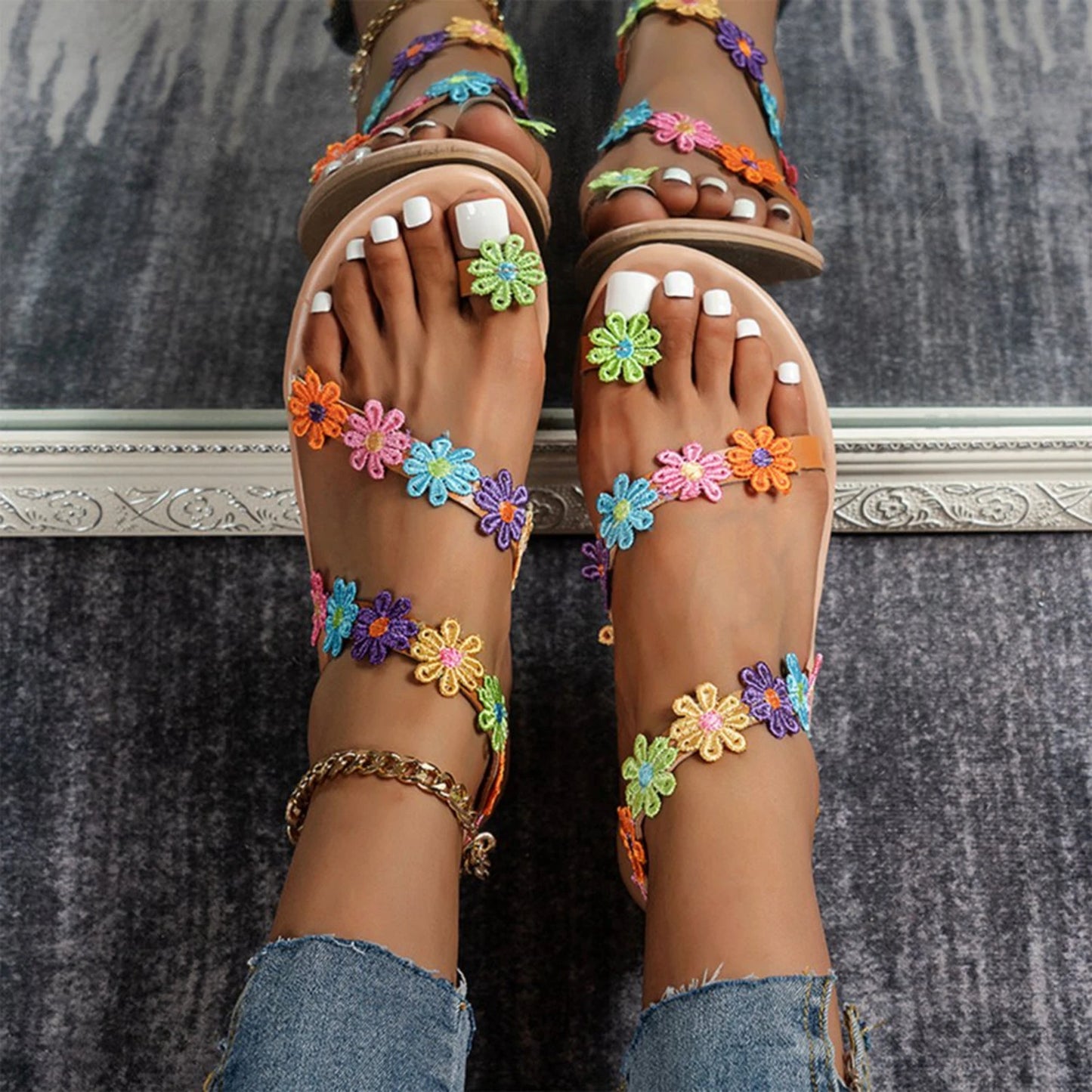 Bohemian Beaded Flip-Flops — Hand-Beaded Floral Thong Sandals — view 4 of sandals & slides