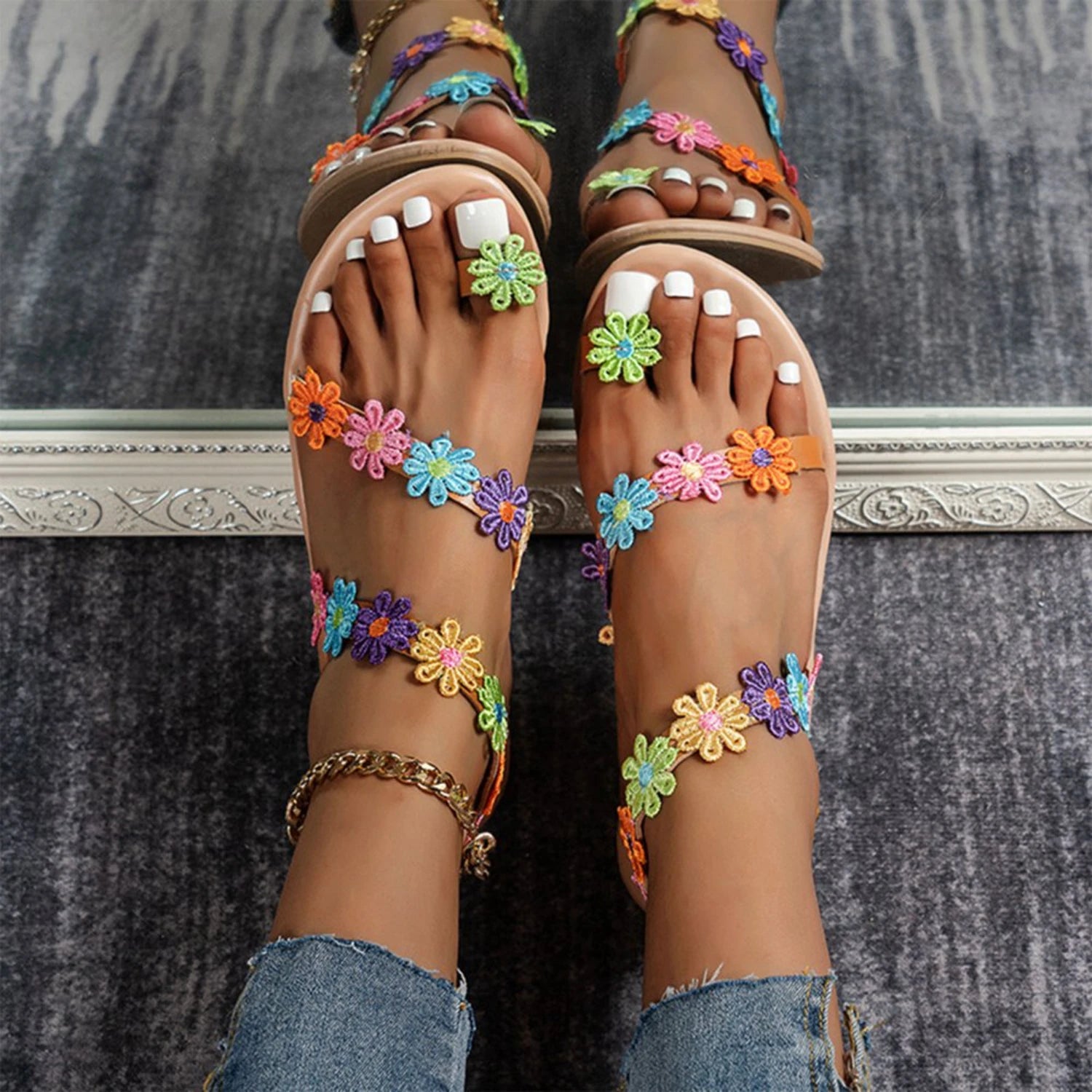 Bohemian Beaded Flip-Flops — Hand-Beaded Floral Thong Sandals — view 4 of sandals & slides