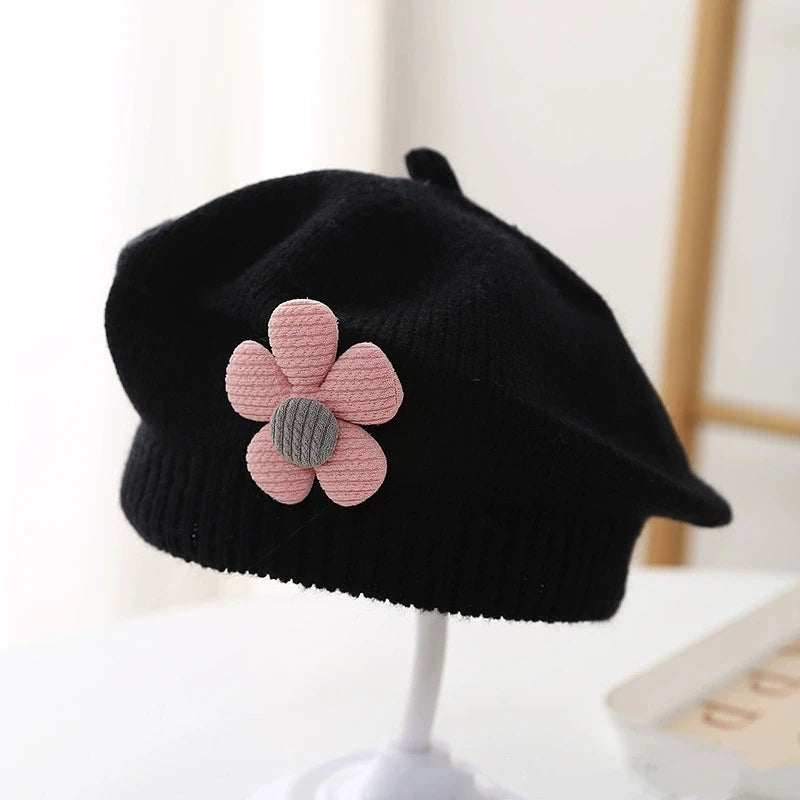 Flower Baby Beret Hat - Knitted Painter Cap for Infant Girls, Cute Toddler Princess Beret