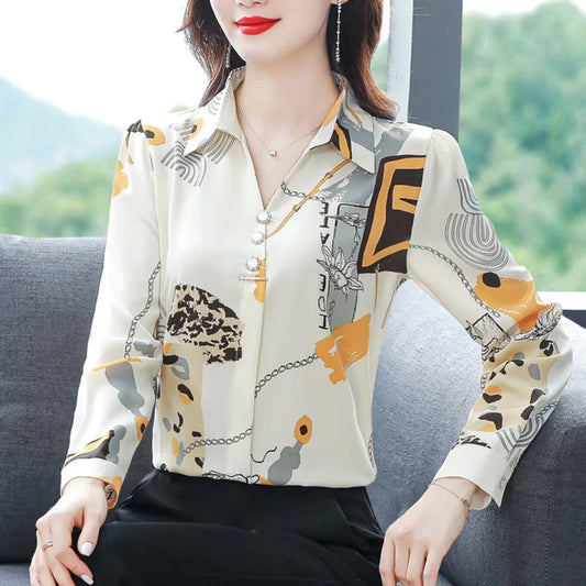 Spring Printed Chiffon Shirt – Women’s Slim Vintage Long-Sleeve Retro Blouse