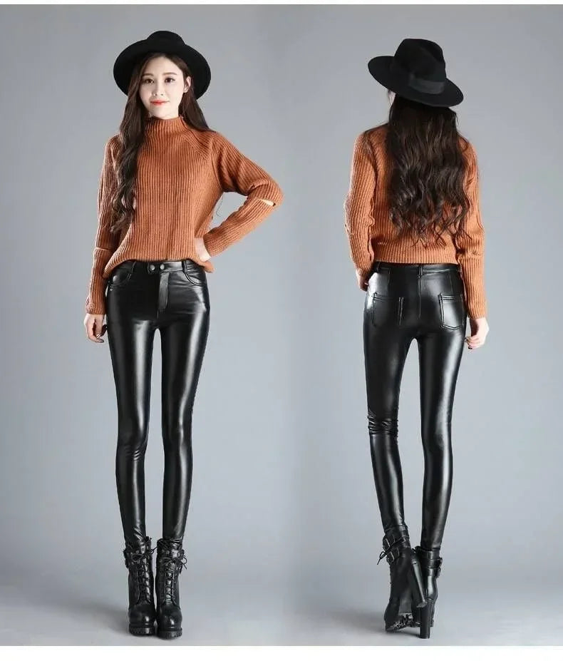 Leather Plush Thickened High Waist Elastic Korean Size Pu Pants Women's Small Korean Fashion