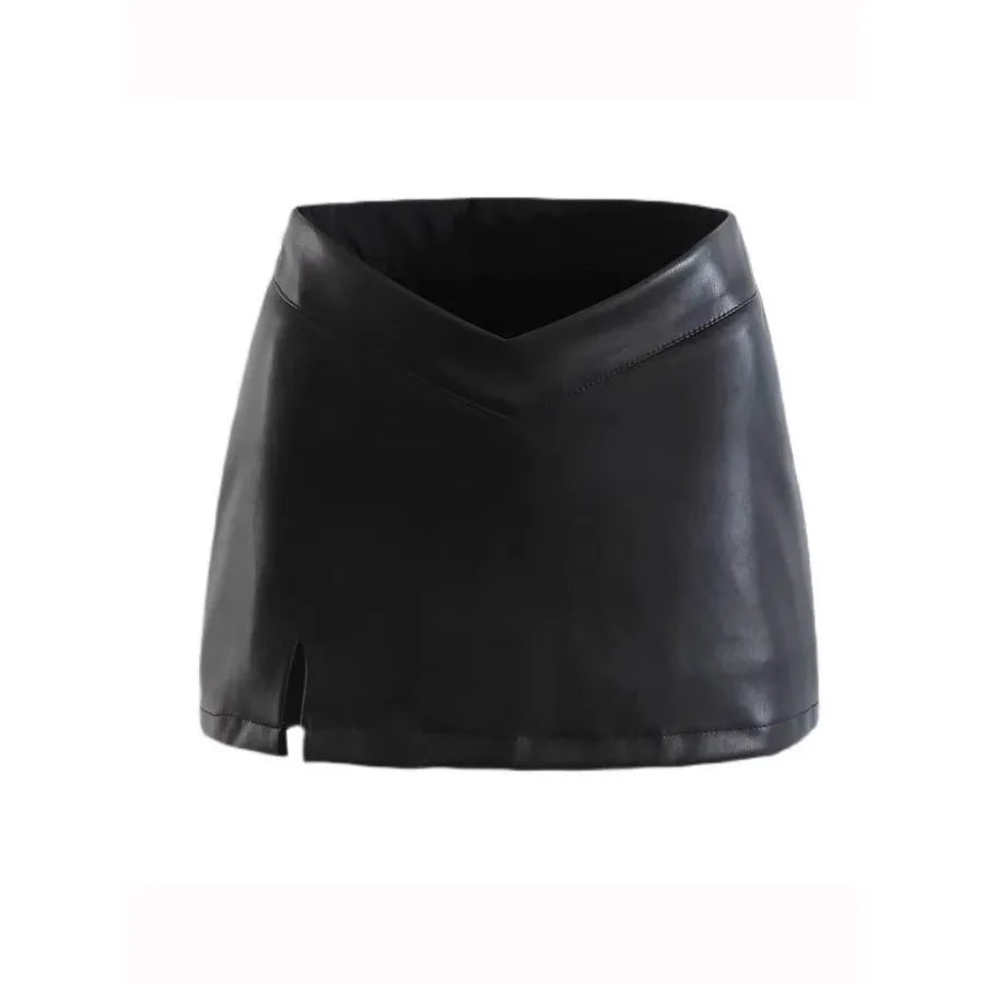 【HOT】Black PU leather skirt women's autumn V-shaped low-waisted hot girl small leather skirt hip split short skirt — view 6 of product
