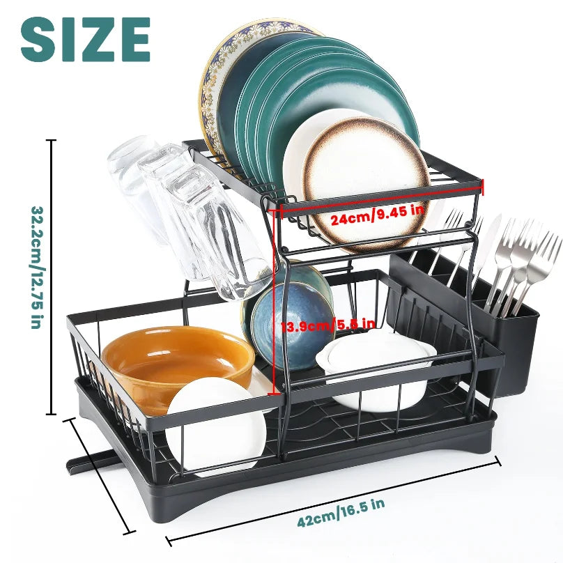 Large 2-tier dish drying rack for kitchen countertops, removable large-capacity dish draining rack — view 2 of product