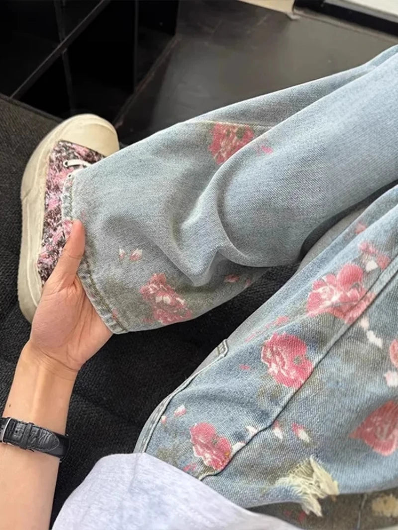 Y2K Vintage Floral Fringe Jeans — High-Waist Distressed Straight-Leg Denim — variant view 4