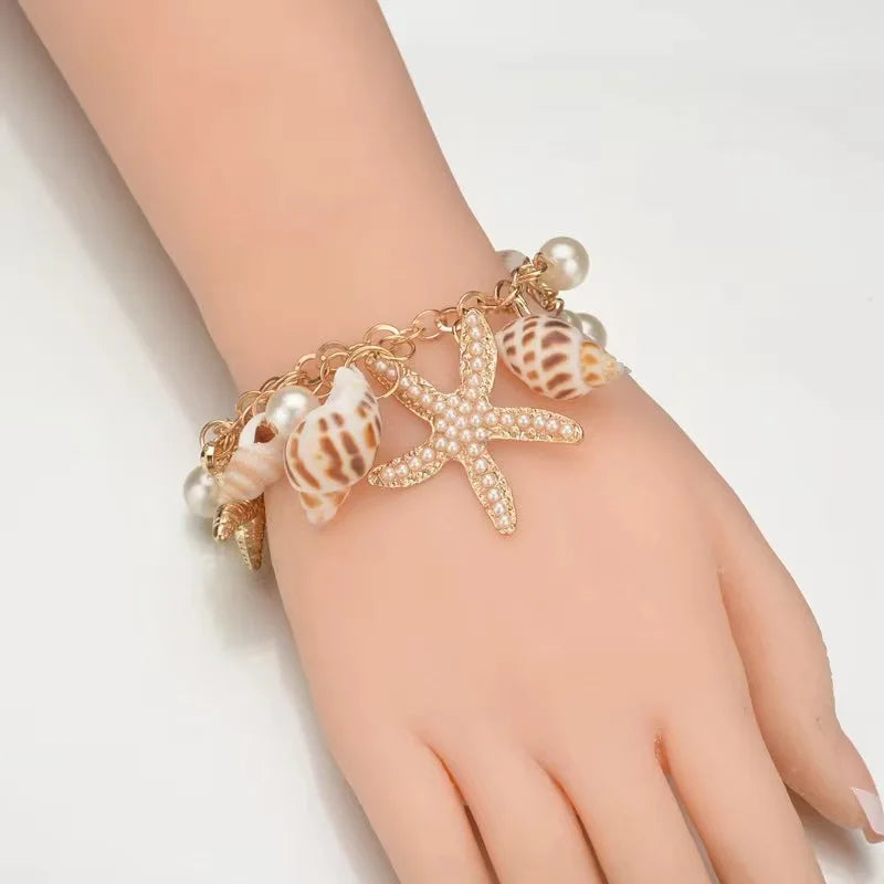Gold Starfish & Seashell Charm Bracelet — Dainty Beach Jewelry for Women — view 5 of jewelry