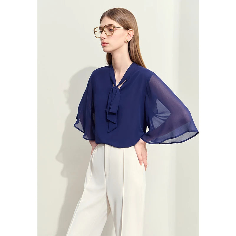 Amii Minimalism 2024 Women Blouse Summer New Elegant Commuter Stand Collar Trumpet Sleeve Chiffon Shirt Loose Lady Tops 12422124