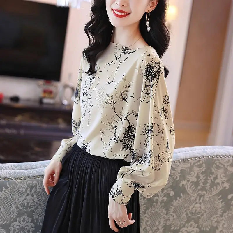 French Style Original Design Fashion Casual Printed Long Sleeved Shirt Autumn New Vintage Elegant Loose Round Neck Women's Top