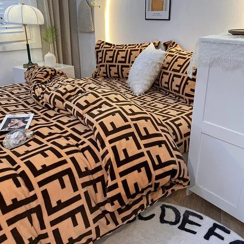 Coral Fleece Four-Piece Set Winter Thicken Thermal Double-Sided Flannel Bed Sheet Leopard Quilt Cover Milk Fiber Bedding