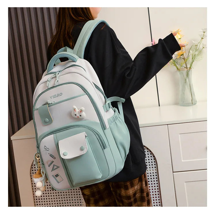 Cute rabbit children school backpack for teenage girls Fashionable splicing color contrast fresh lady knapsack kids schoolbags