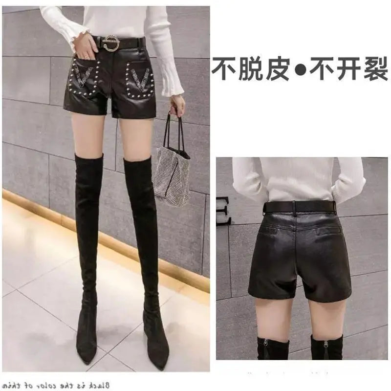 Women PU Leather Autumn Shorts With Belted Chic High Waist A-line Office Shorts Casual Loose Women Straight Trousers LX564